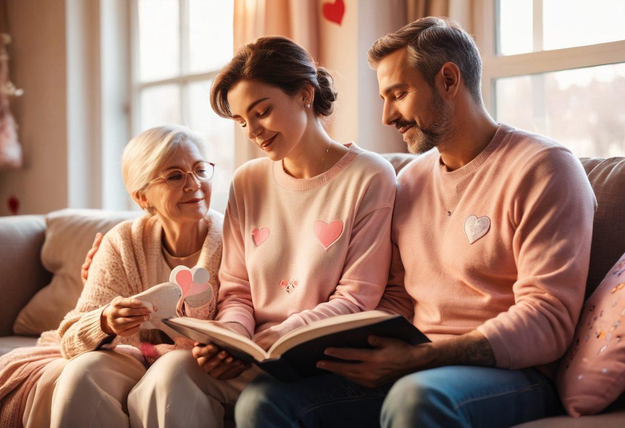 A supportive couple sitting together in a cozy living room, surrounded by heart motifs and cancer awareness symbols. The man is reading an informational book about cancer, while the woman holds his hand, showing expressions of love and hope. Soft sunlight filters through a window, illuminating their faces, symbolizing warmth and unity. The background features gentle pastel colors to evoke a sense of calm and togetherness. super-realistic. soft lighting. warm tones.