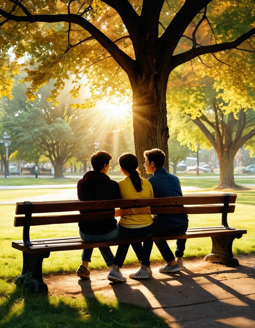 A heartfelt scene depicting a couple sitting on a park bench, engaged in a deep conversation that reflects support and understanding. Surround them with soft, golden sunlight filtering through trees, symbolizing hope and resilience amidst challenges. Incorporate subtle elements like a flower blooming nearby, representing growth and intimacy through adversity. Capture their expressions of empathy and connection. super-realistic. warm colors. nature background.