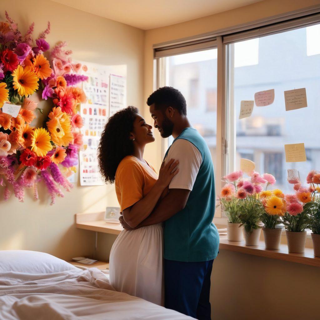 A tender scene of a couple embracing in a hospital room, surrounded by colorful flowers and supportive notes. The room features a window letting in warm sunlight, symbolizing hope and resilience. In the background, a wall displays photos of their journey together, showcasing love and strength. The color palette is soft yet vibrant, exuding warmth and positivity. super-realistic. vibrant colors. soft lighting.